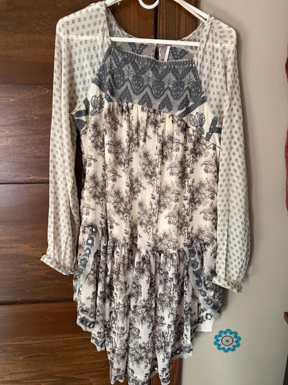 Free People Cream and Gray Boho Mixed-Print Tunic